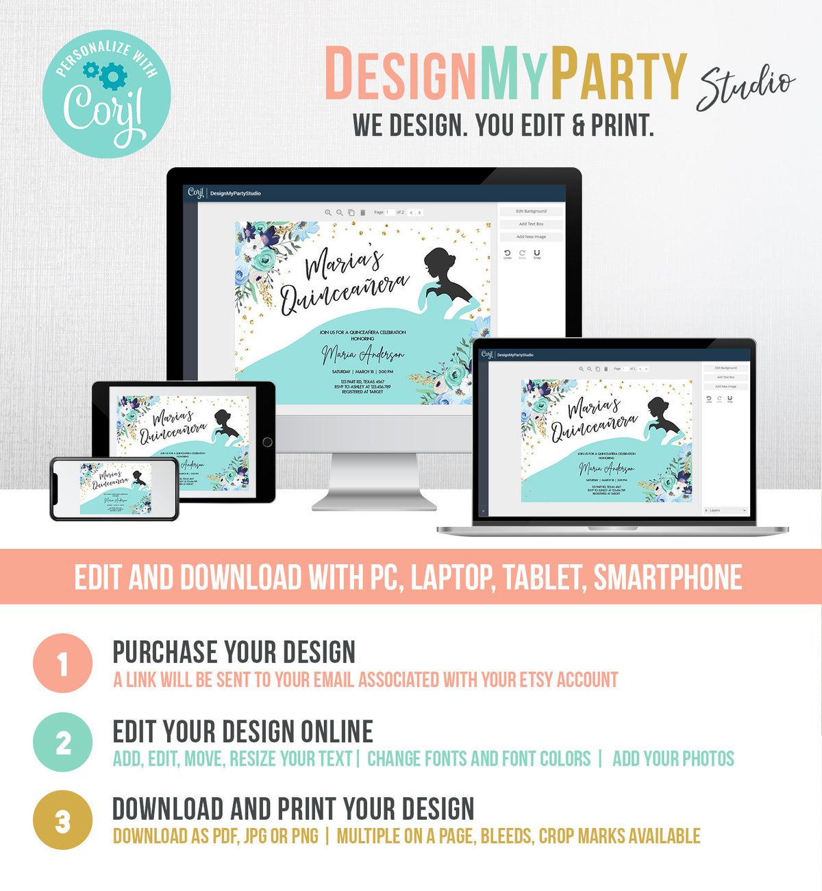 Editable Quinceañera Birthday Party Invitation Ball Fiesta Gown Floral Blue Teal Gold Confetti Flowers Printable Template Corjl 0030