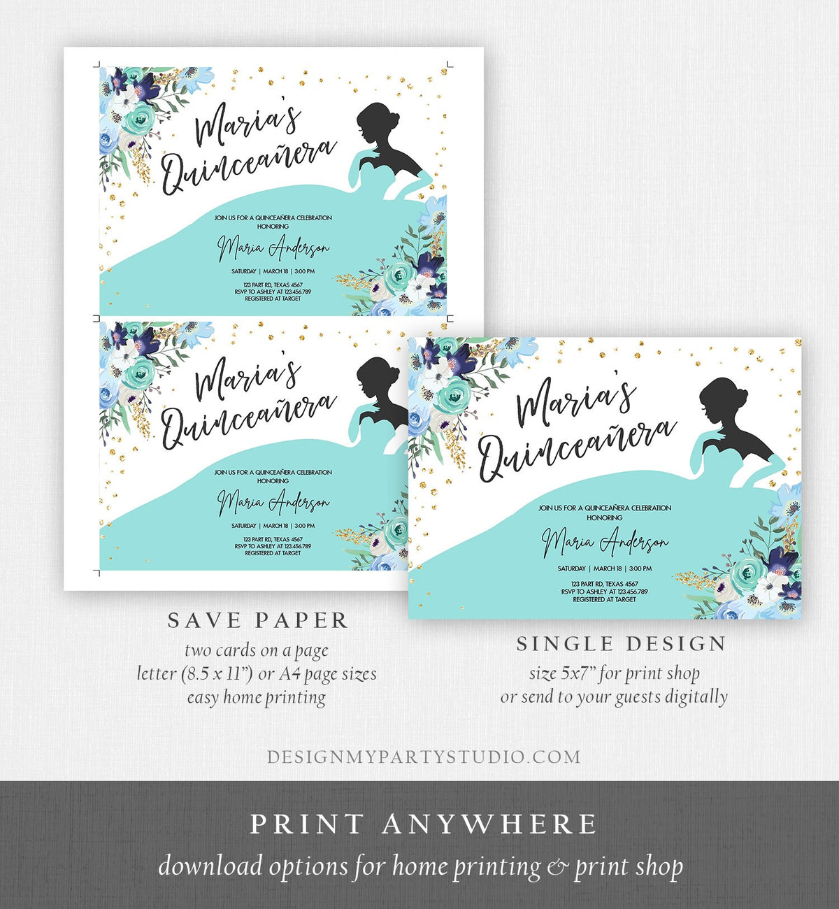 Editable Quinceañera Birthday Party Invitation Ball Fiesta Gown Floral Blue Teal Gold Confetti Flowers Printable Template Corjl 0030