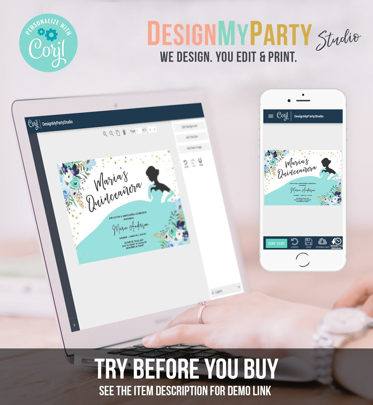 Editable Quinceañera Birthday Party Invitation Ball Fiesta Gown Floral Blue Teal Gold Confetti Flowers Printable Template Corjl 0030