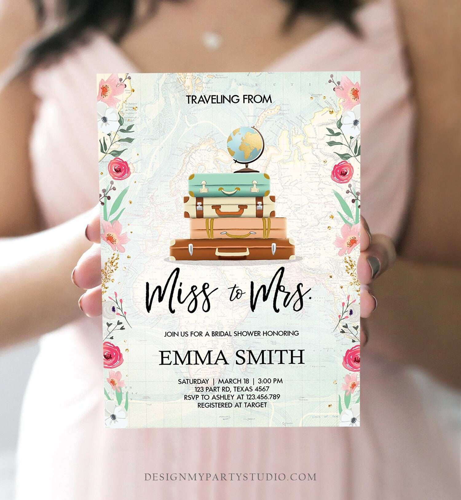 Editable Miss to Mrs Travel Bridal Shower Invitation Flowers Globe Suitcase Gold Confetti Traveling Download Printable Corjl Template 0030