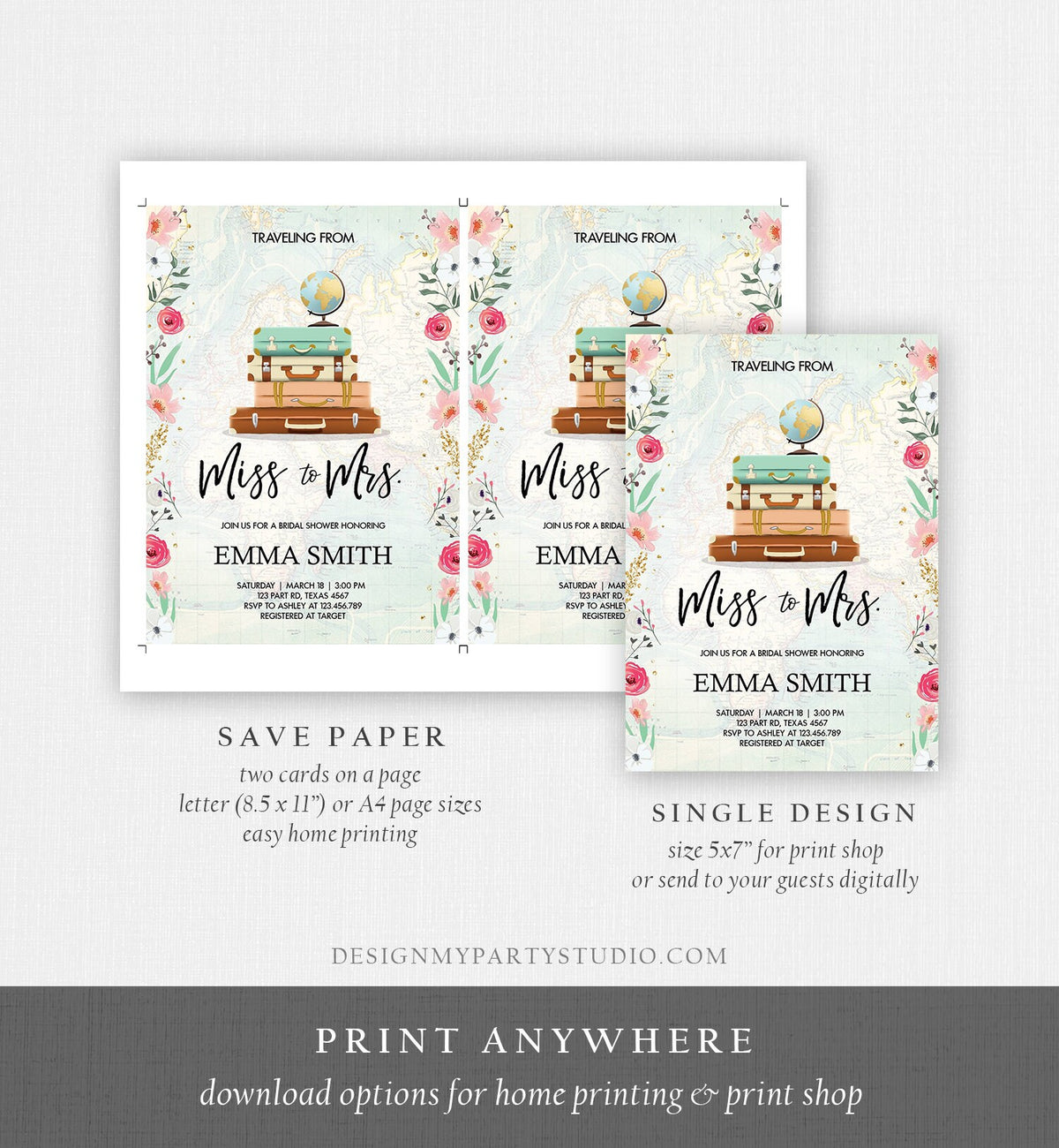 Editable Miss to Mrs Travel Bridal Shower Invitation Flowers Globe Suitcase Gold Confetti Traveling Download Printable Corjl Template 0030