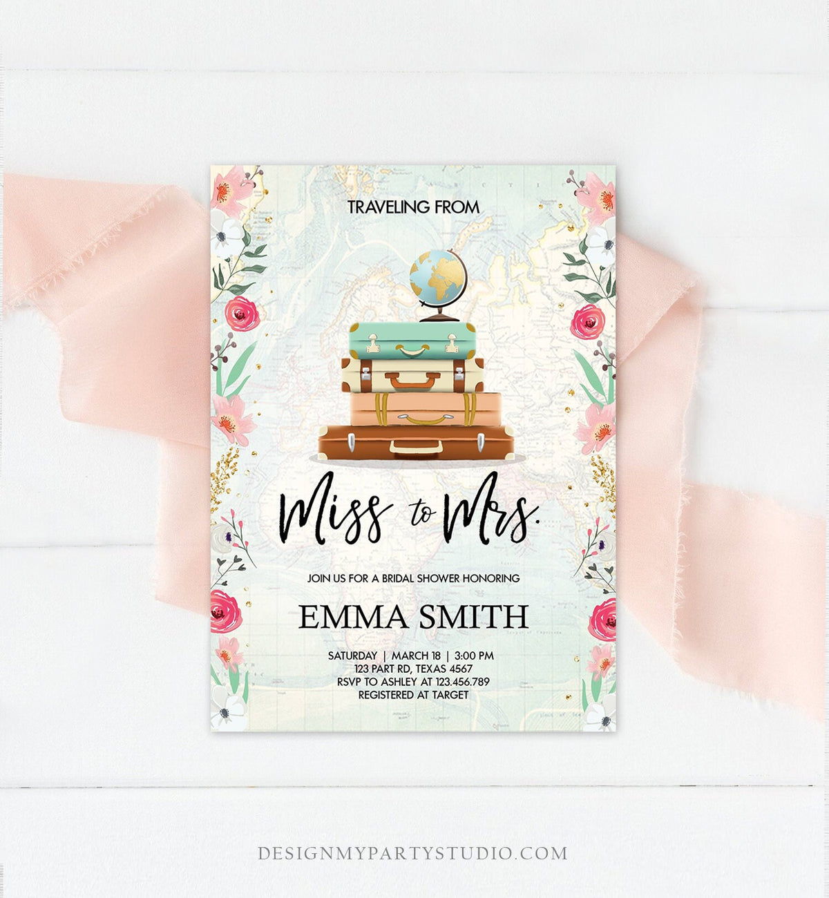 Editable Miss to Mrs Travel Bridal Shower Invitation Flowers Globe Suitcase Gold Confetti Traveling Download Printable Corjl Template 0030