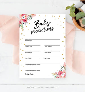 Editable Baby Predictions Game Card Shower Activity Baby Girl Floral Pink and Gold Baby Shower Game Template PRINTABLE Corjl 0030 0318