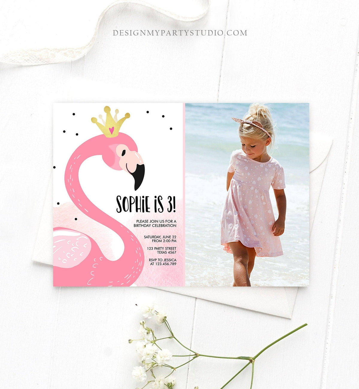 Editable Flamingo Birthday Invitation Tropical Party Invite Girls Summer Pink Gold Crown Instant Download Printable Template Corjl 0019