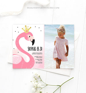 Editable Flamingo Birthday Invitation Tropical Party Invite Girls Summer Pink Gold Crown Instant Download Printable Template Corjl 0019