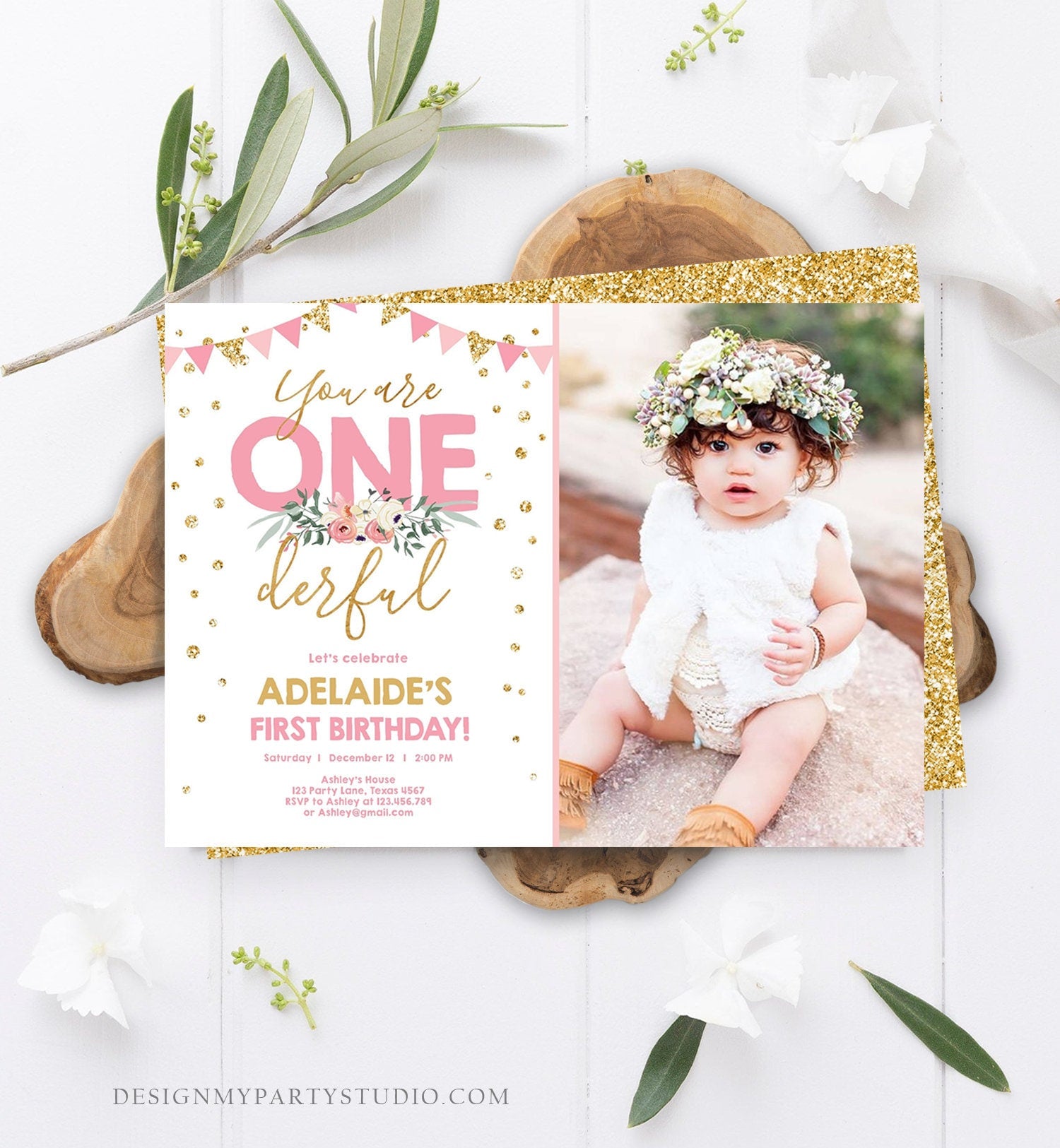 Editable Onederful Birthday Invitation Girl First Birthday Party Miss Onederful Pink Gold Glitter 1st Download Corjl Template Printable 0165