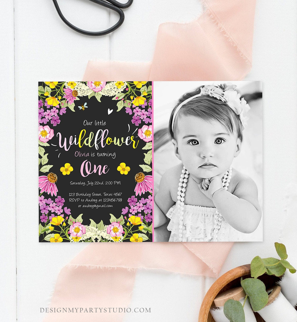 Editable Little Wildflower Birthday Invitation ANY AGE Floral Wild Flower Pink Girl First Birthday 1st Corjl Template Printable 0217