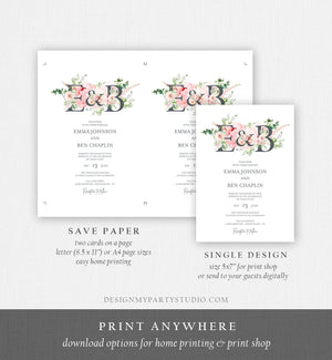 Editable Monogram Botanical Flowers Wedding Invitation Template Floral Greenery Spring Pink Peony Colors Digital Printable Corjl 0167