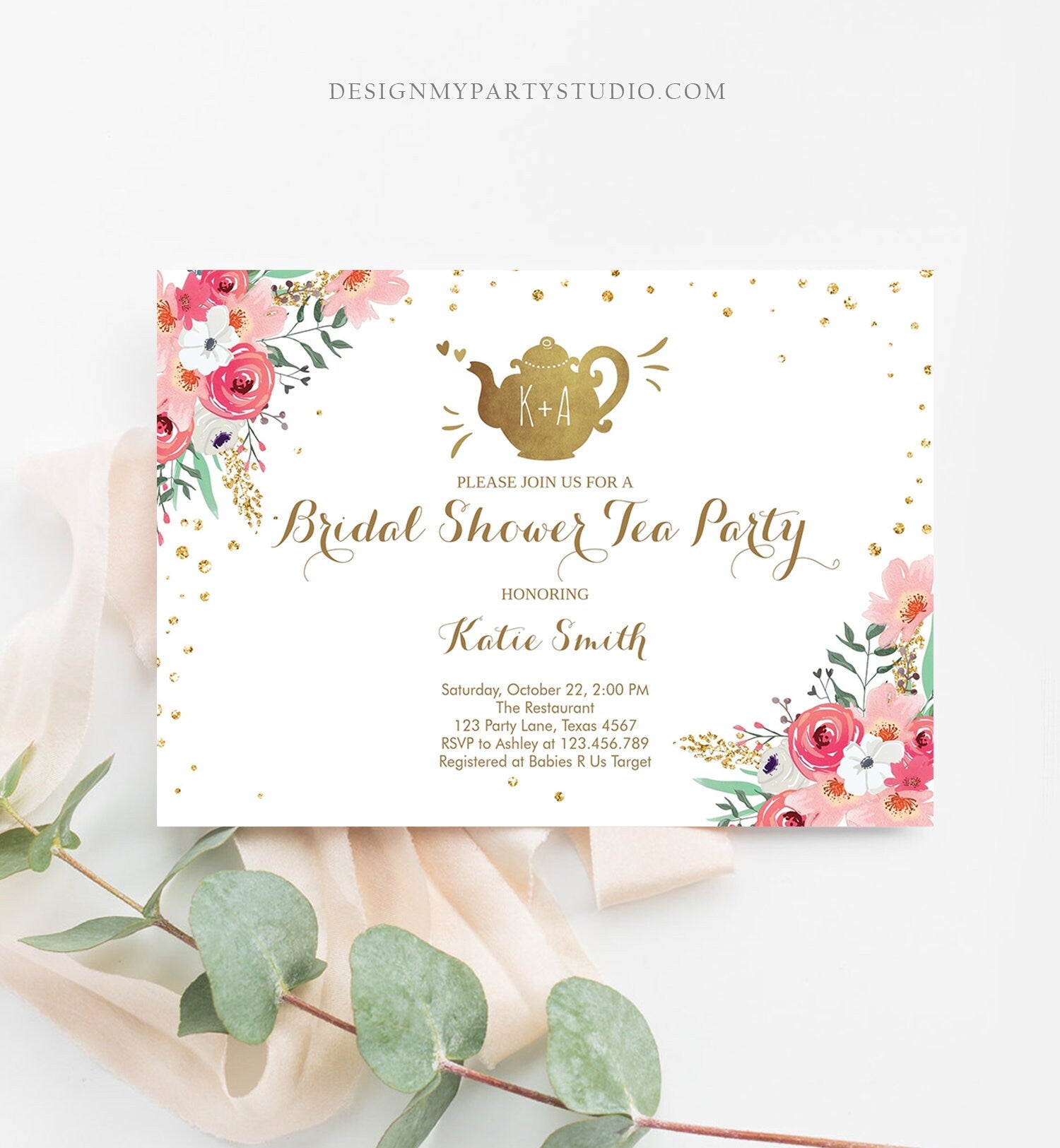 editable-bridal-shower-tea-party-invitation-floral-tea-pot-invite-pink-design-my-party-studio for Free Printable Downloadable Tea Party Invitations Editable Bridal Shower Tea Party Invitation Floral Tea pot Invite Pink - Design My Party Studio for Free Printable Downloadable Tea Party Invitations