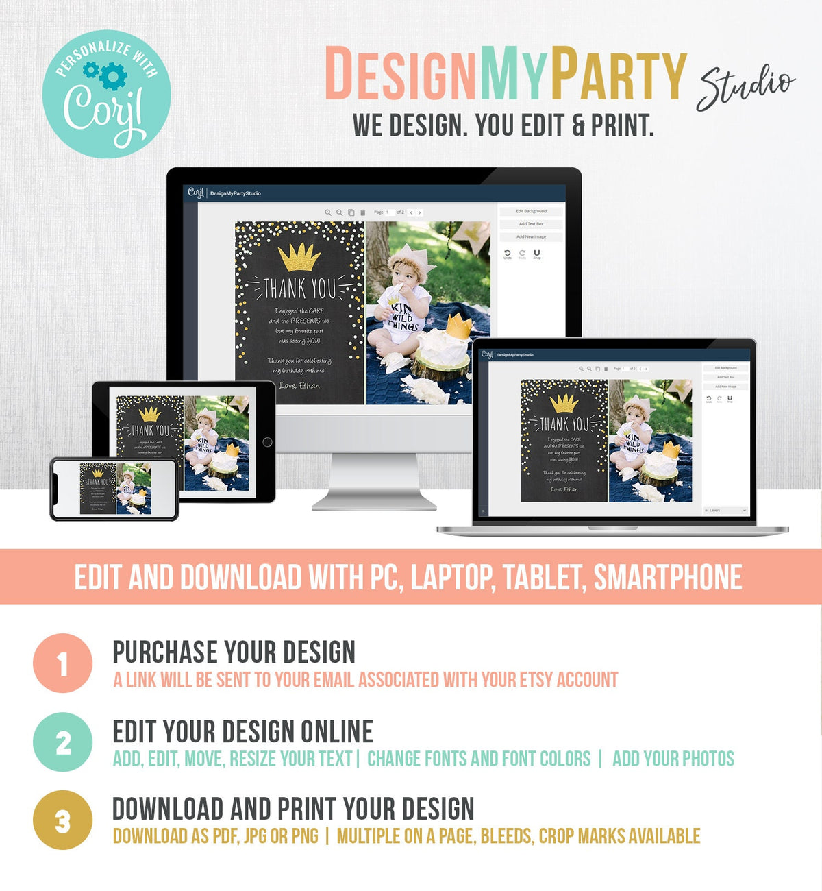 Editable Thank You Card Wild One Thank you Note Black Gold Crown Wild Things Boy Birthday Download Printable Template Corjl Digital 0099