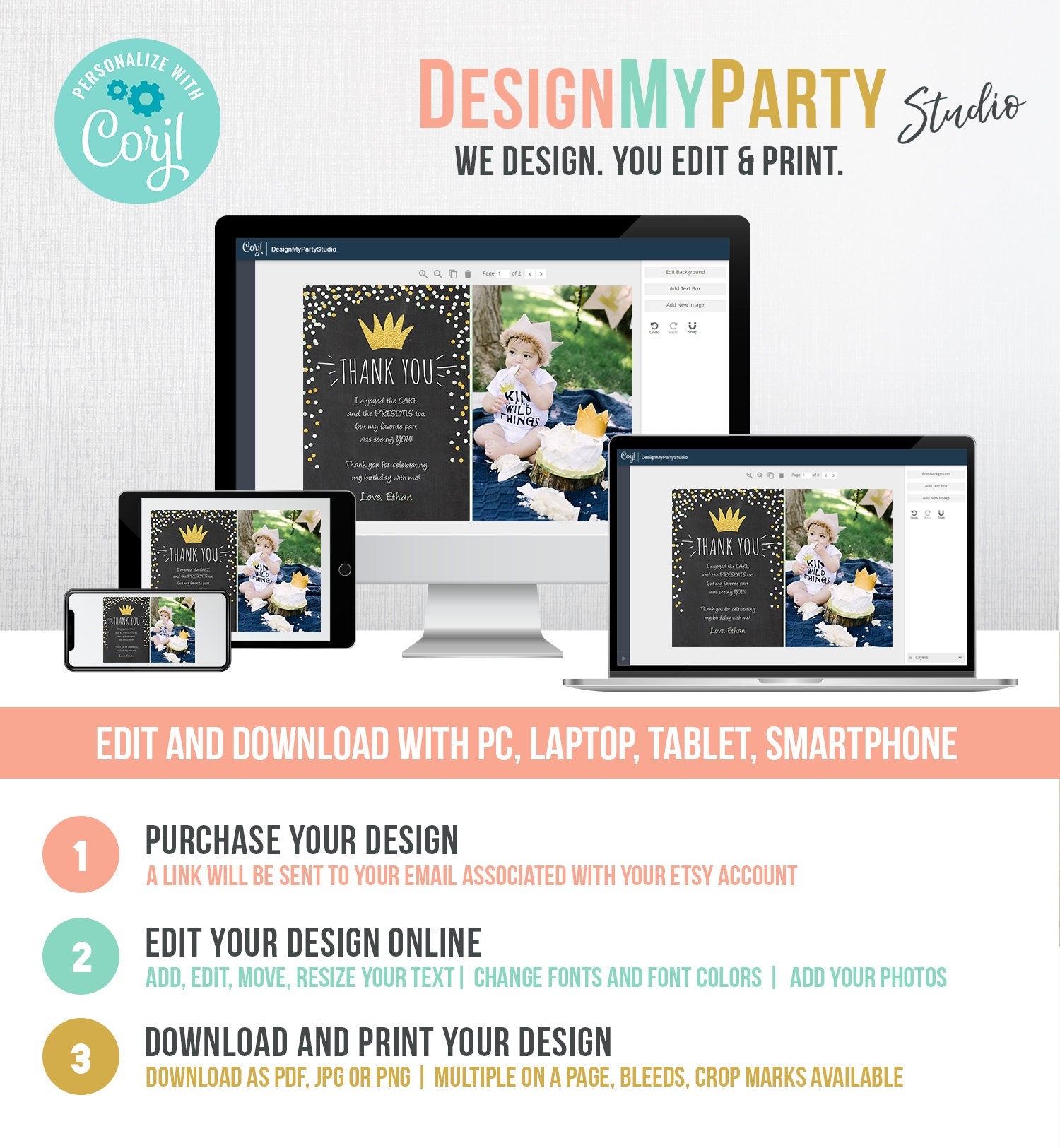 Editable Thank You Card Wild One Thank you Note Black Gold Crown Wild Things Boy Birthday Download Printable Template Corjl Digital 0099