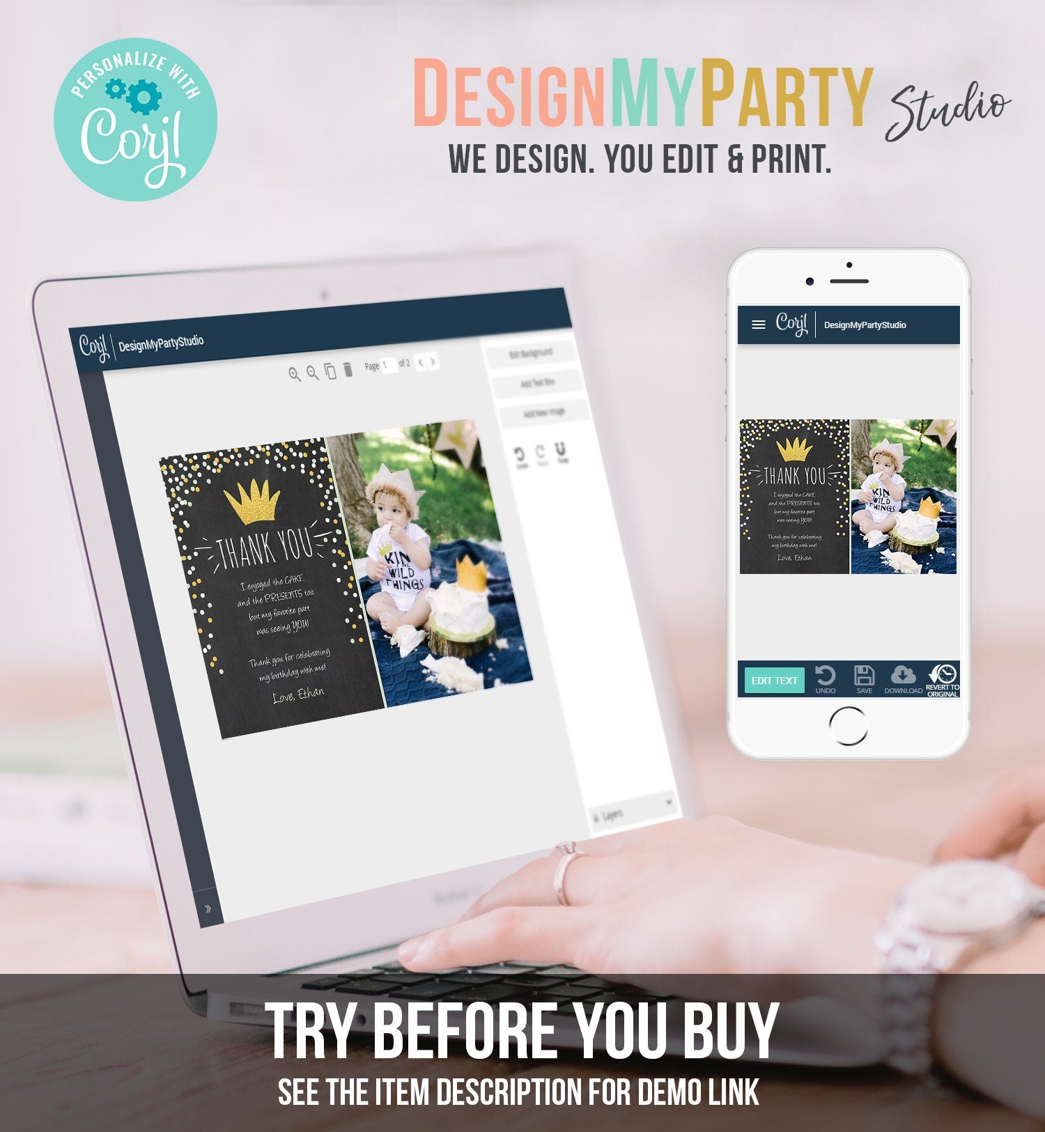 Editable Thank You Card Wild One Thank you Note Black Gold Crown Wild Things Boy Birthday Download Printable Template Corjl Digital 0099