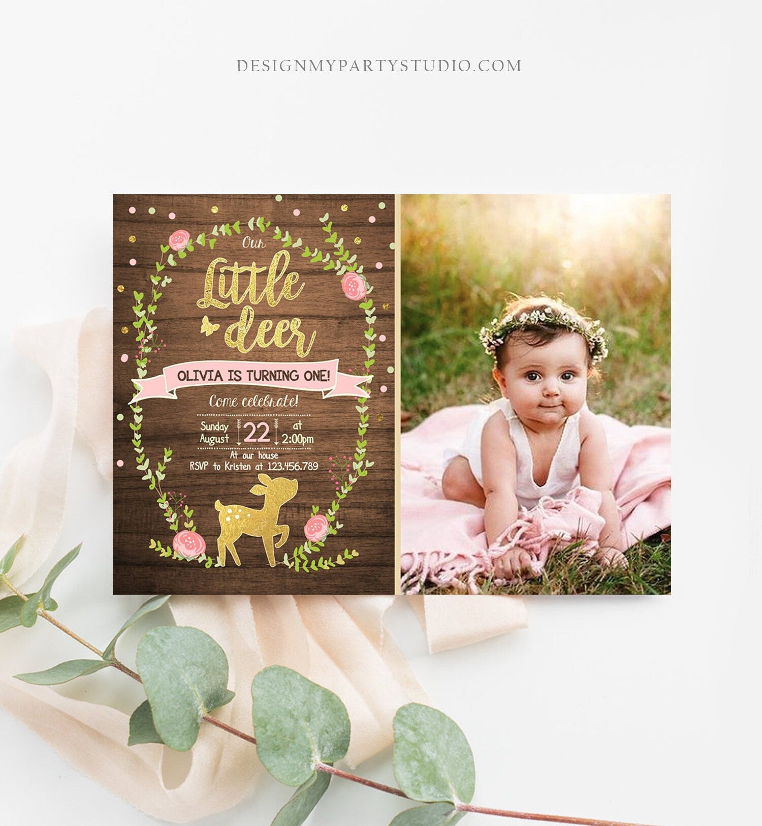 Editable Our Little Deer Birthday Invitation Pink and Gold Girl Birthday Floral Woodland Download Printable Template Corjl Digital 0085