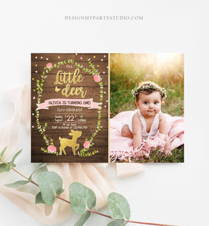 Editable Our Little Deer Birthday Invitation Pink and Gold Girl Birthday Floral Woodland Download Printable Template Corjl Digital 0085