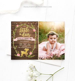 Editable Our Little Deer Birthday Invitation Pink and Gold Girl Birthday Floral Woodland Download Printable Template Corjl Digital 0085