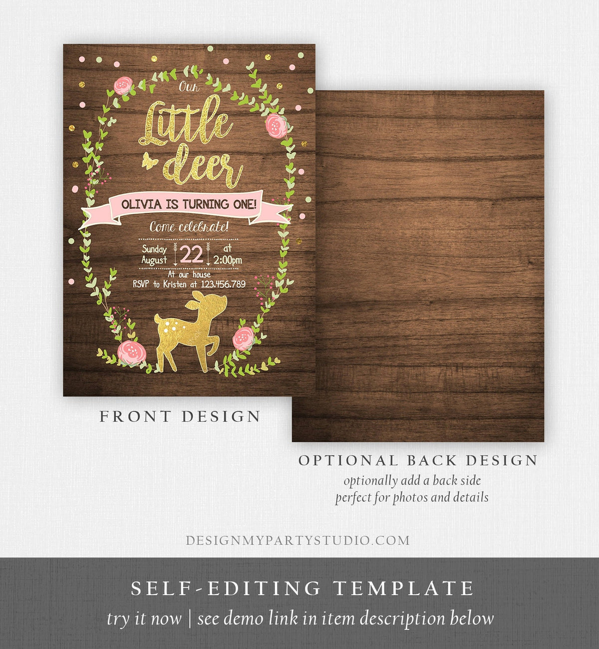 Editable Our Little Deer Birthday Invitation Pink and Gold Girl Birthday Floral Woodland Download Printable Template Corjl Digital 0085