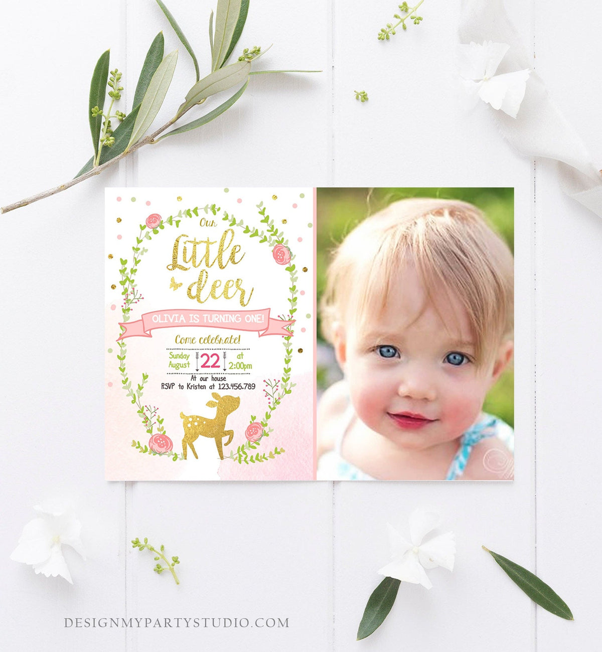 Editable Our Little Deer Birthday Invitation Pink and Gold Girl Birthday Floral Woodland Download Printable Template Corjl Digital 0085
