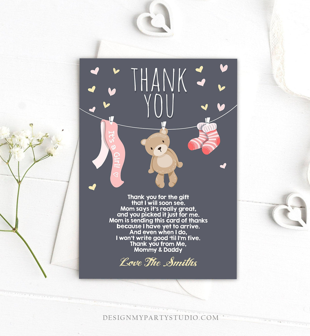 Editable Baby Shower Thank You Card Teddy Bear Thank You Note Shower Pink Girl Woodland Animals Template Instant Download Digital Corjl 0025