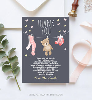 Editable Baby Shower Thank You Card Teddy Bear Thank You Note Shower Pink Girl Woodland Animals Template Instant Download Digital Corjl 0025