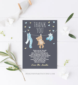 Editable Baby Shower Thank You Card Teddy Bear Thank You Note Shower Boy Blue Woodland Animals Template Instant Download Digital Corjl 0025