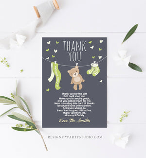 Editable Baby Shower Thank You Card Teddy Bear Thank You Note Shower Gender Neutral Green Woodland Animals Download Digital Corjl 0025