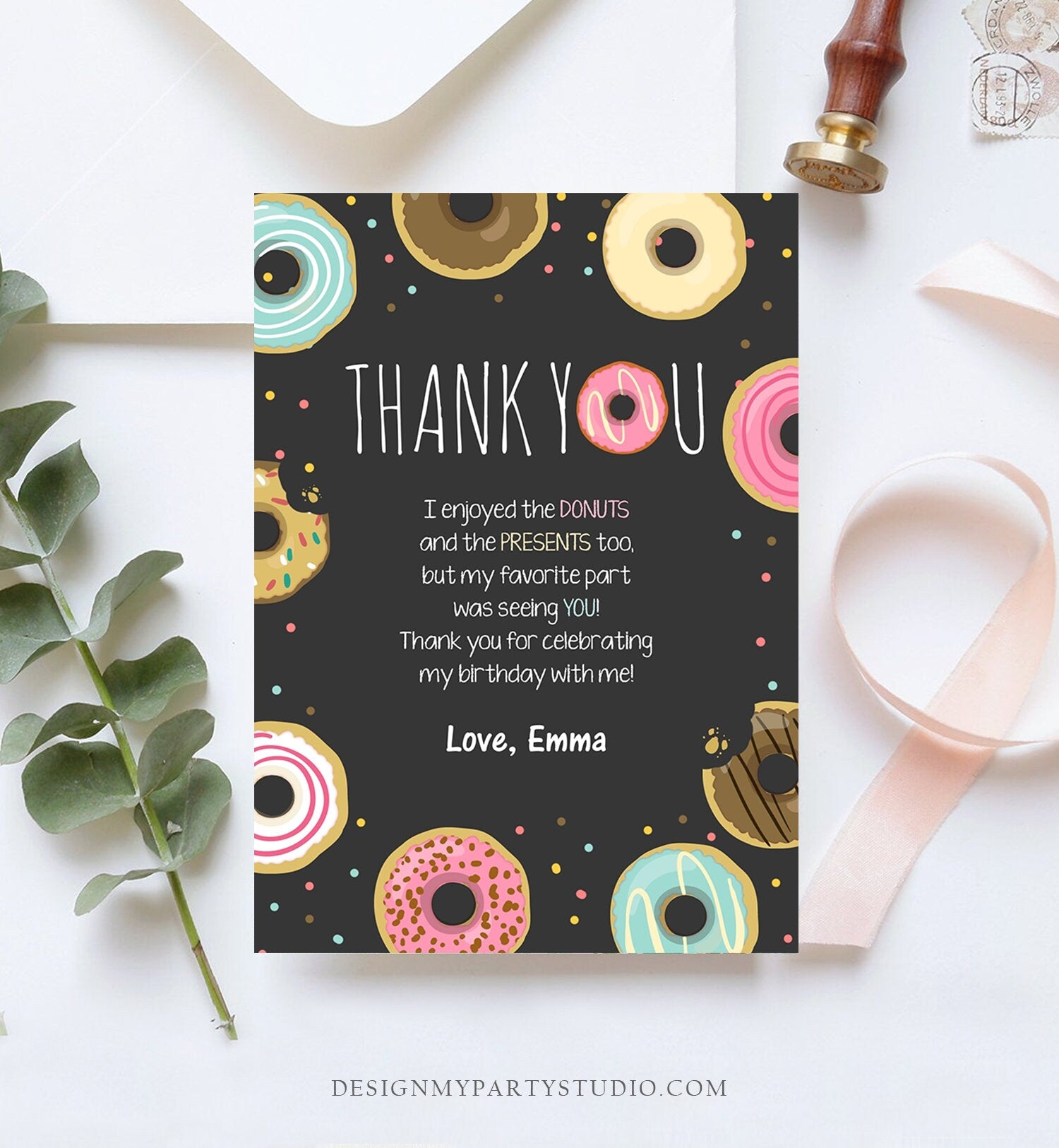editable-donut-thank-you-card-note-pink-girl-birthday-party-doughnut-t-design-my-party-studio for Donut Birthday Card Printable Free Editable Donut Thank You Card Note Pink Girl Birthday Party Doughnut T - Design My Party Studio for Donut Birthday Card Printable Free