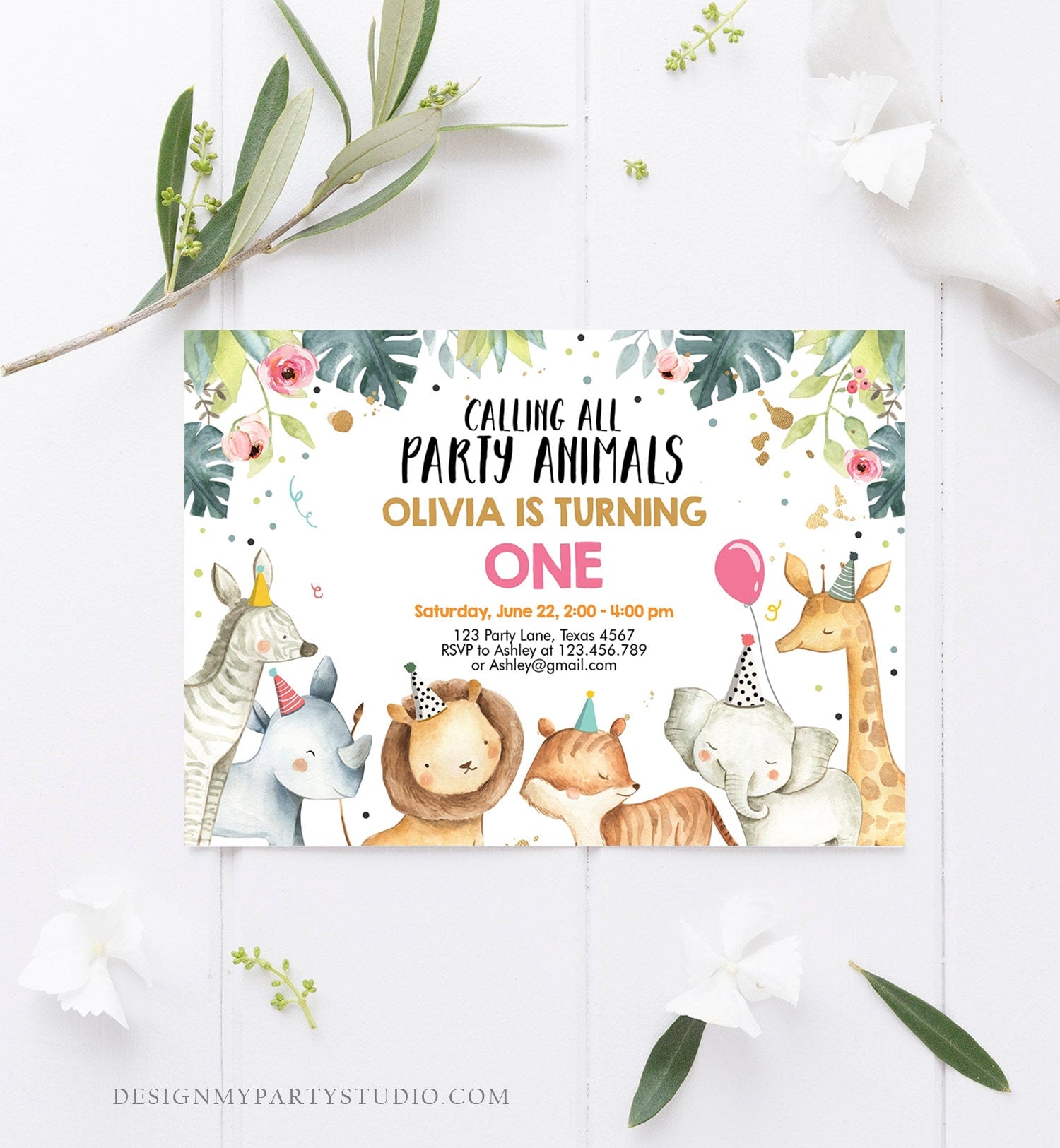 Editable Party Animals Birthday Invitation Wild One Animals Invitation Zoo Safari Animals Girl Pink Download Printable Invite Template 0163