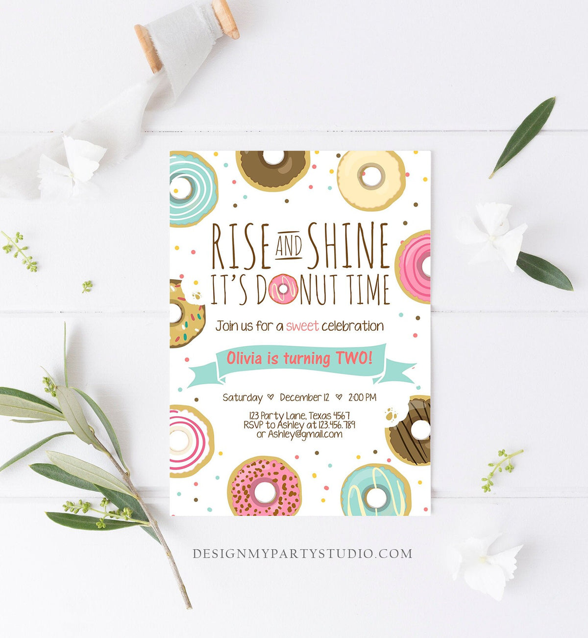 Editable Rise and Shine Donut Time Birthday Invitation ANY AGE Sweet Girl Birthday Party Pink Doughnut Digital Corjl Template Printable 0050