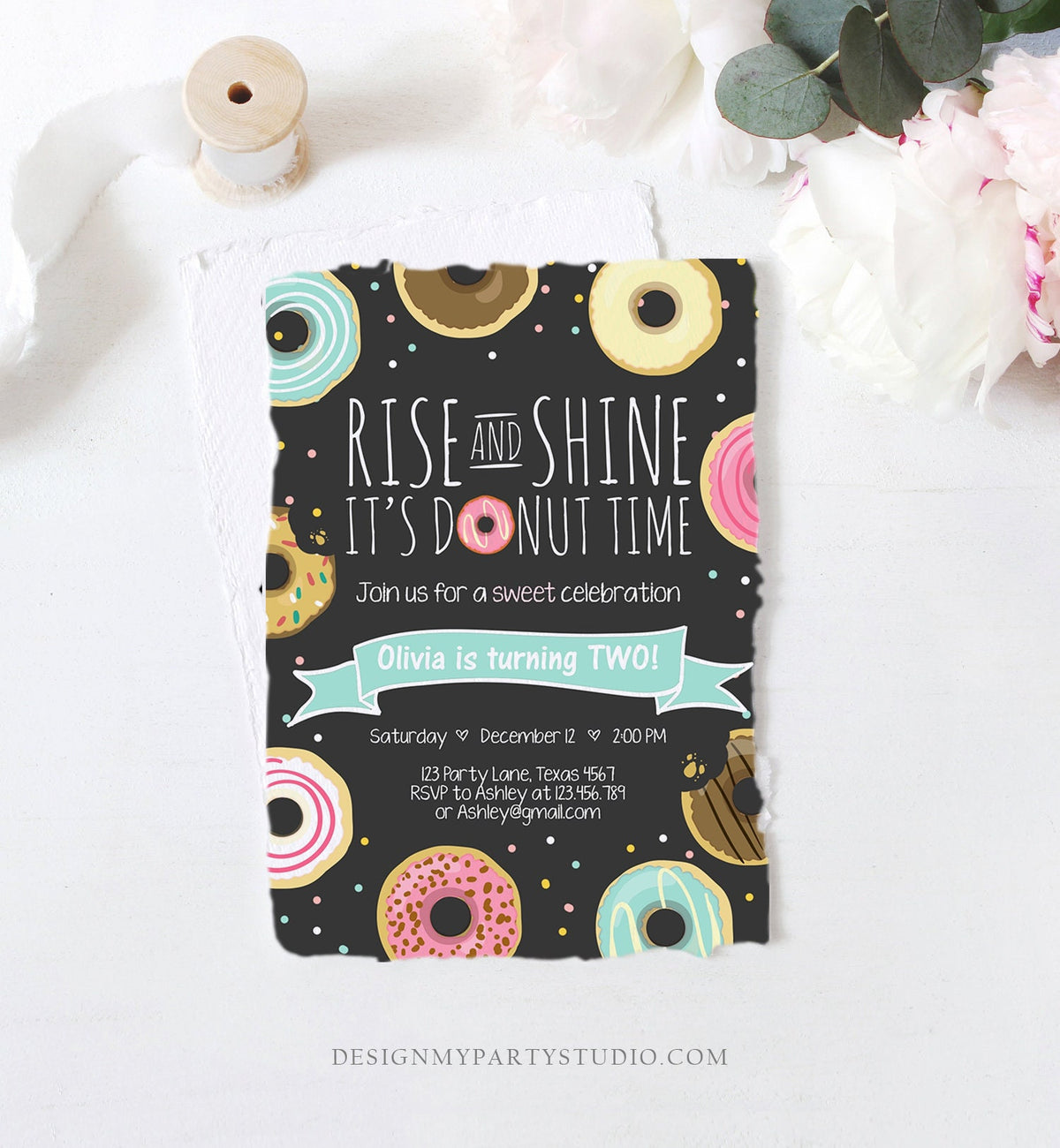 Editable Rise and Shine Donut Time Birthday Invitation ANY AGE Sweet Girl Birthday Party Pink Doughnut Digital Corjl Template Printable 0050