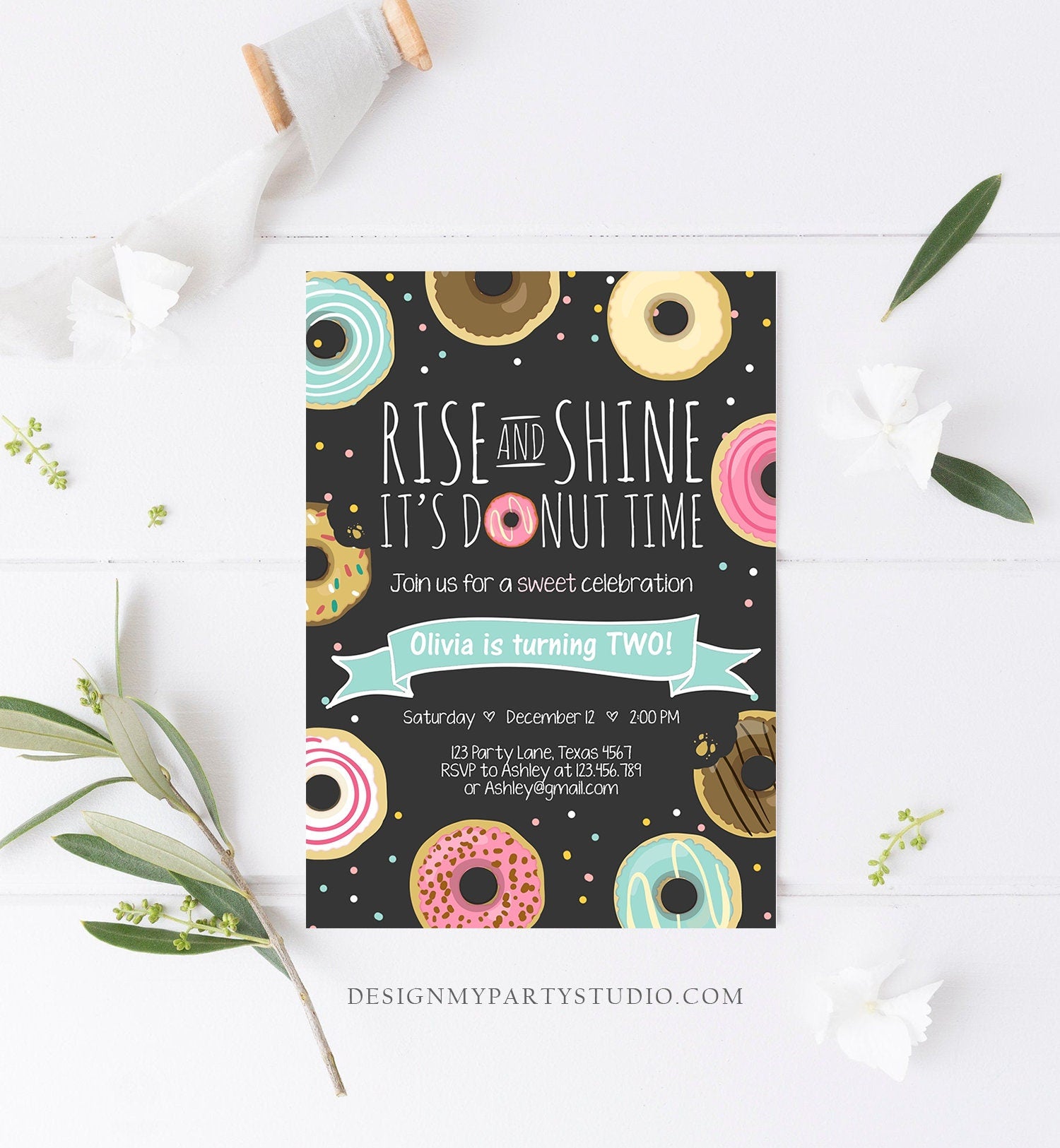 Editable Rise and Shine Donut Time Birthday Invitation ANY AGE Sweet Girl Birthday Party Pink Doughnut Digital Corjl Template Printable 0050