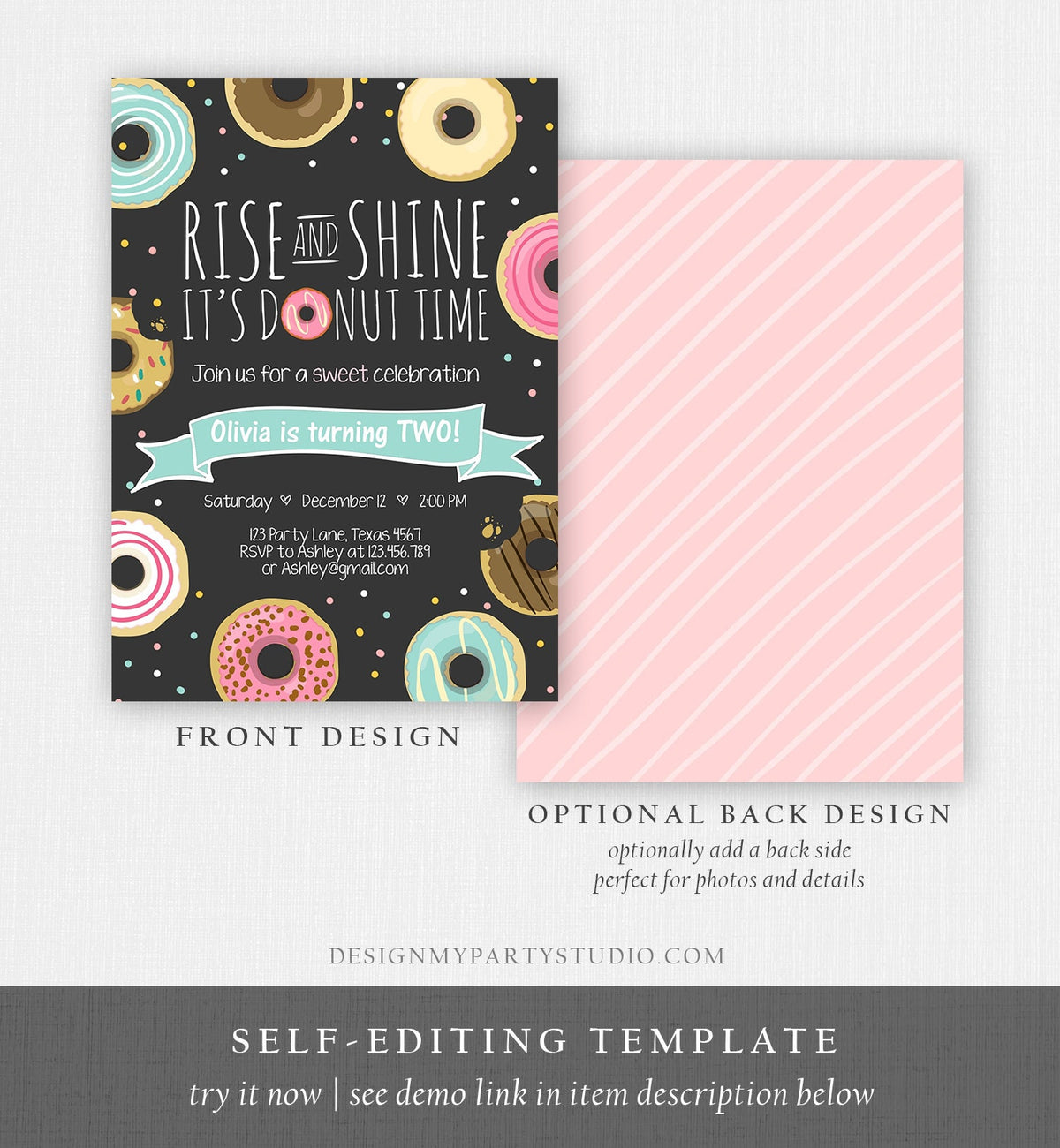 Editable Rise and Shine Donut Time Birthday Invitation ANY AGE Sweet Girl Birthday Party Pink Doughnut Digital Corjl Template Printable 0050