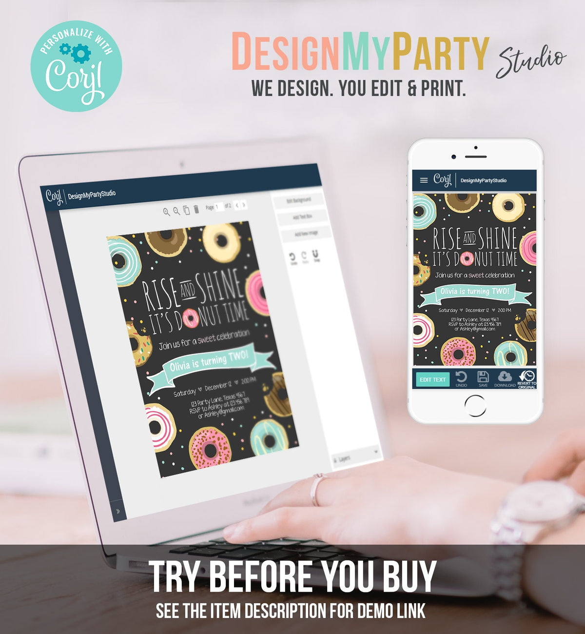 Editable Rise and Shine Donut Time Birthday Invitation ANY AGE Sweet Girl Birthday Party Pink Doughnut Digital Corjl Template Printable 0050