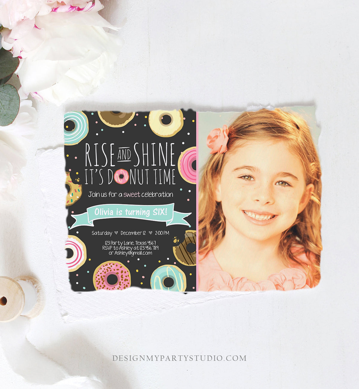 Editable Rise and Shine Donut Time Birthday Invitation ANY AGE Sweet Girl Birthday Party Pink Doughnut Digital Corjl Template Printable 0050