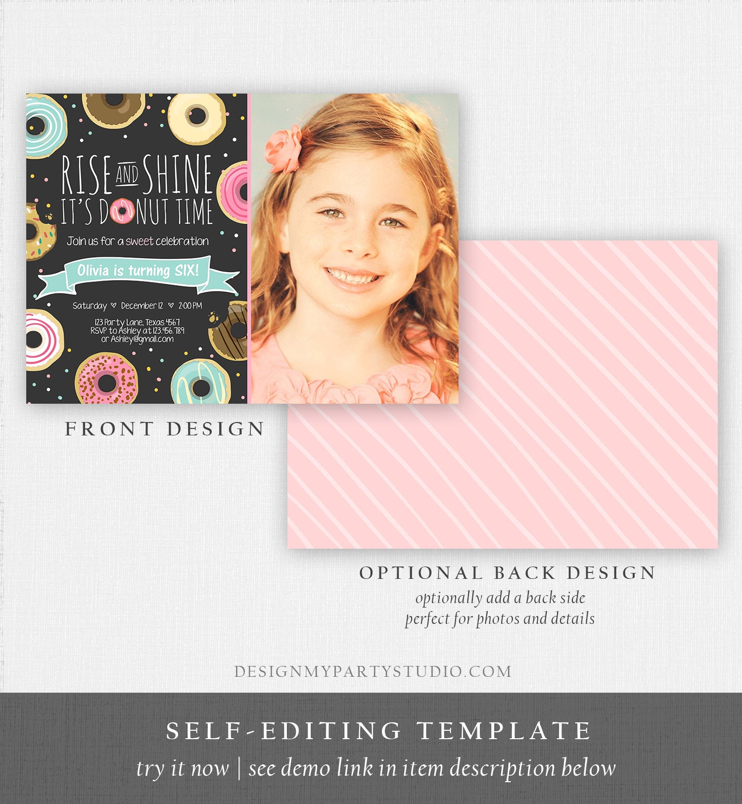 Editable Rise and Shine Donut Time Birthday Invitation ANY AGE Sweet Girl Birthday Party Pink Doughnut Digital Corjl Template Printable 0050