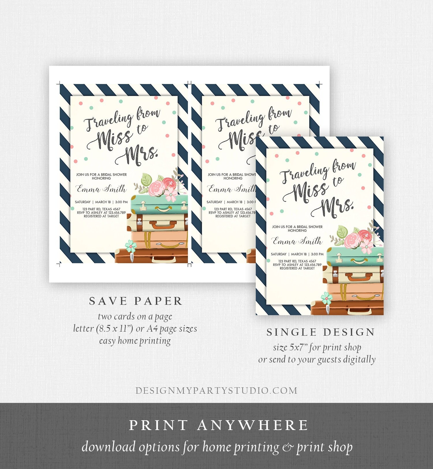 Editable Bridal Shower Invitation Miss to Mrs Travel World Map Suitcase Vintage Adventure Download Printable Template Corjl Digital 0044