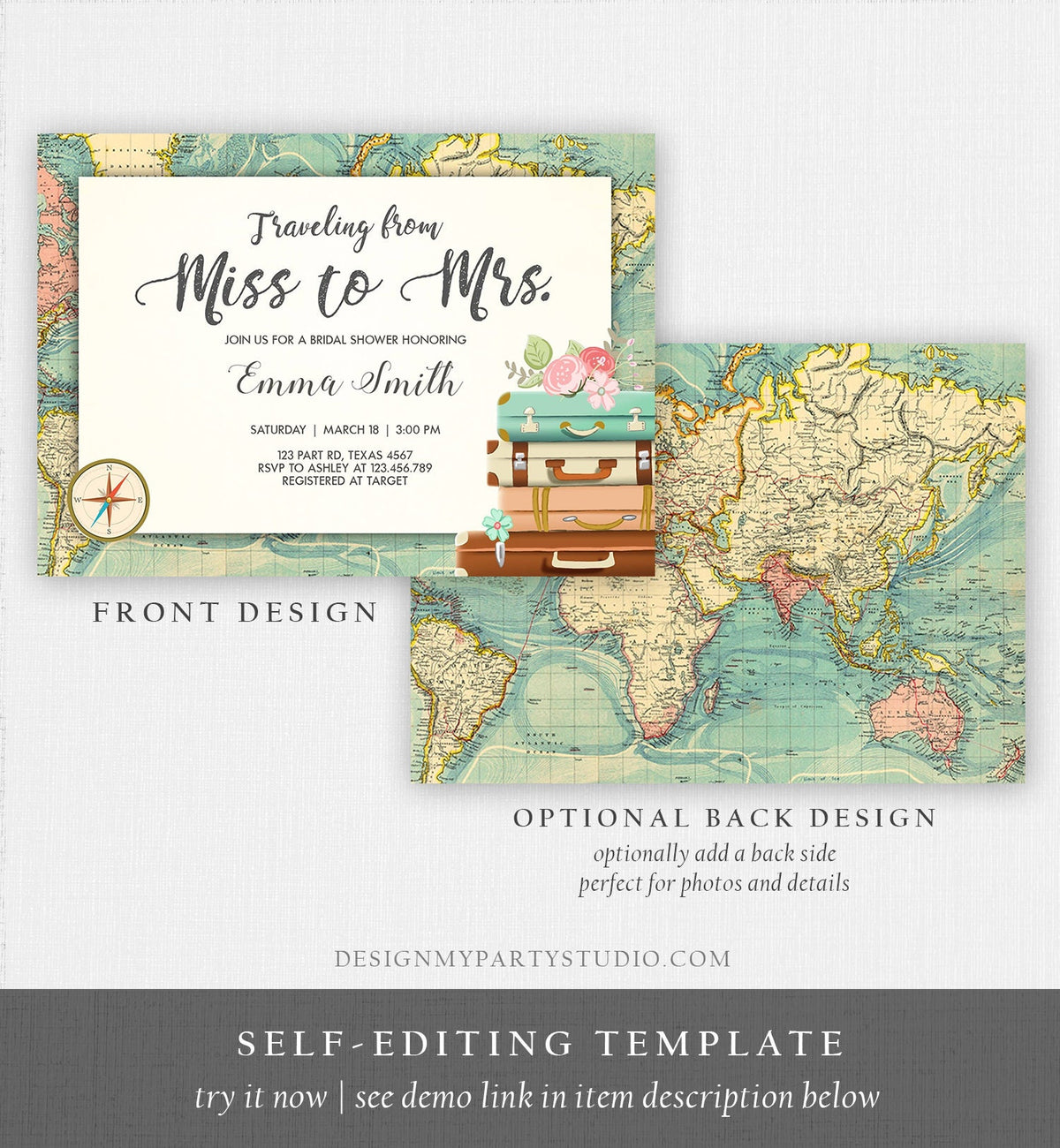Editable Bridal Shower Invitation Traveling from Miss to Mrs Travel World Map Suitcase Vintage Floral Download Printable Template Corjl 0044