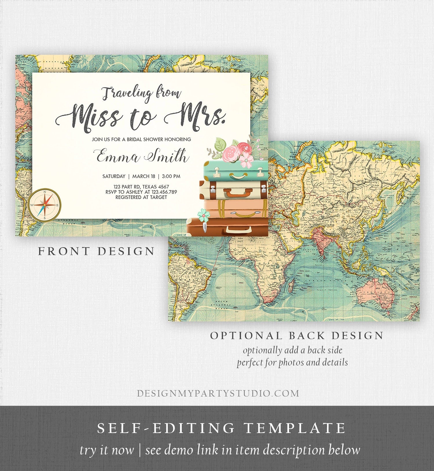 Editable Bridal Shower Invitation Traveling from Miss to Mrs Travel World Map Suitcase Vintage Floral Download Printable Template Corjl 0044