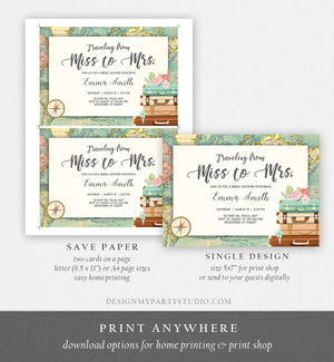 Editable Bridal Shower Invitation Traveling from Miss to Mrs Travel World Map Suitcase Vintage Floral Download Printable Template Corjl 0044