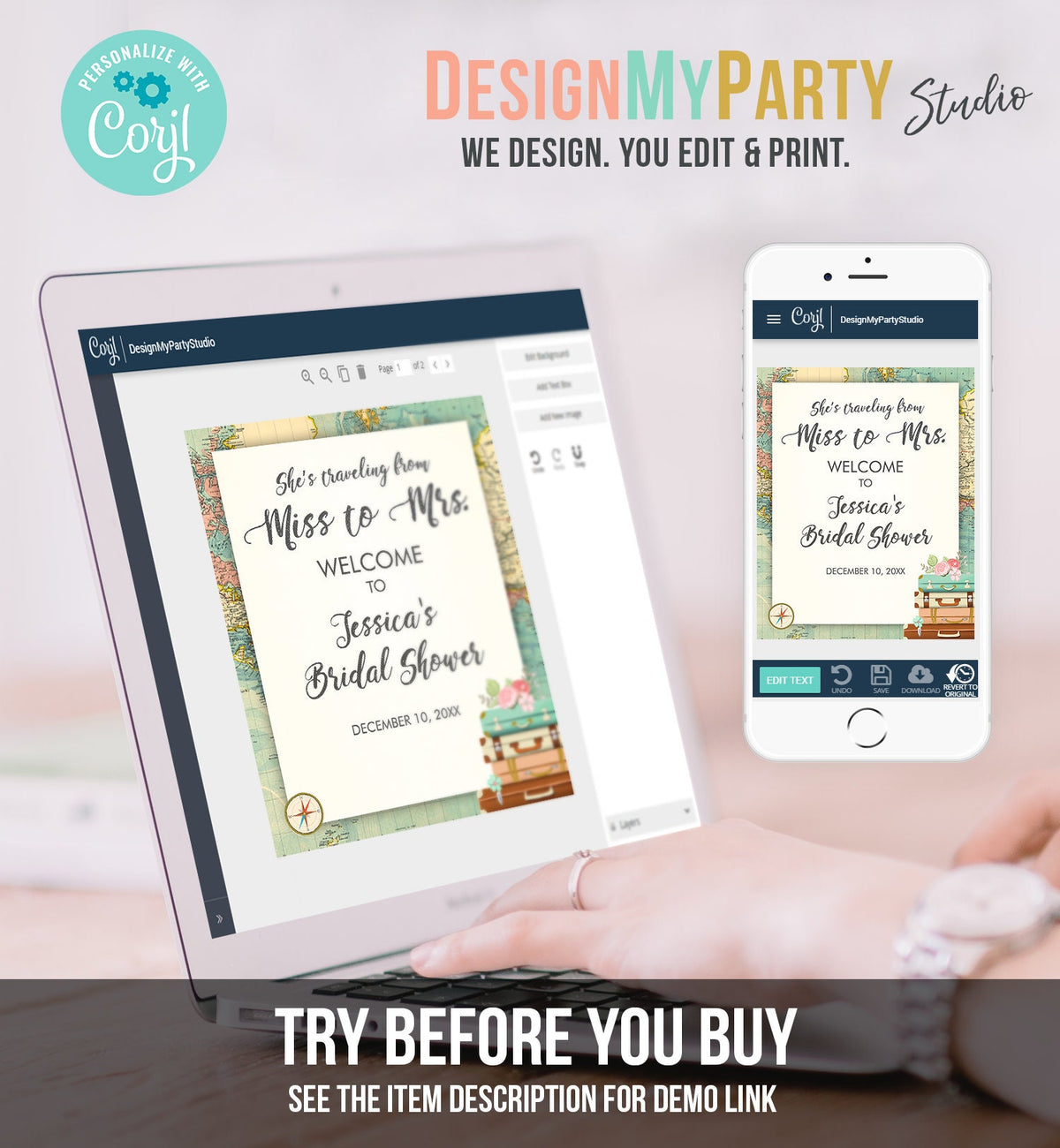 Editable Welcome Sign Bridal Shower Traveling From Miss to Mrs Adventure World Map Love is a Journey Rustic Template PRINTABLE Corjl 0044