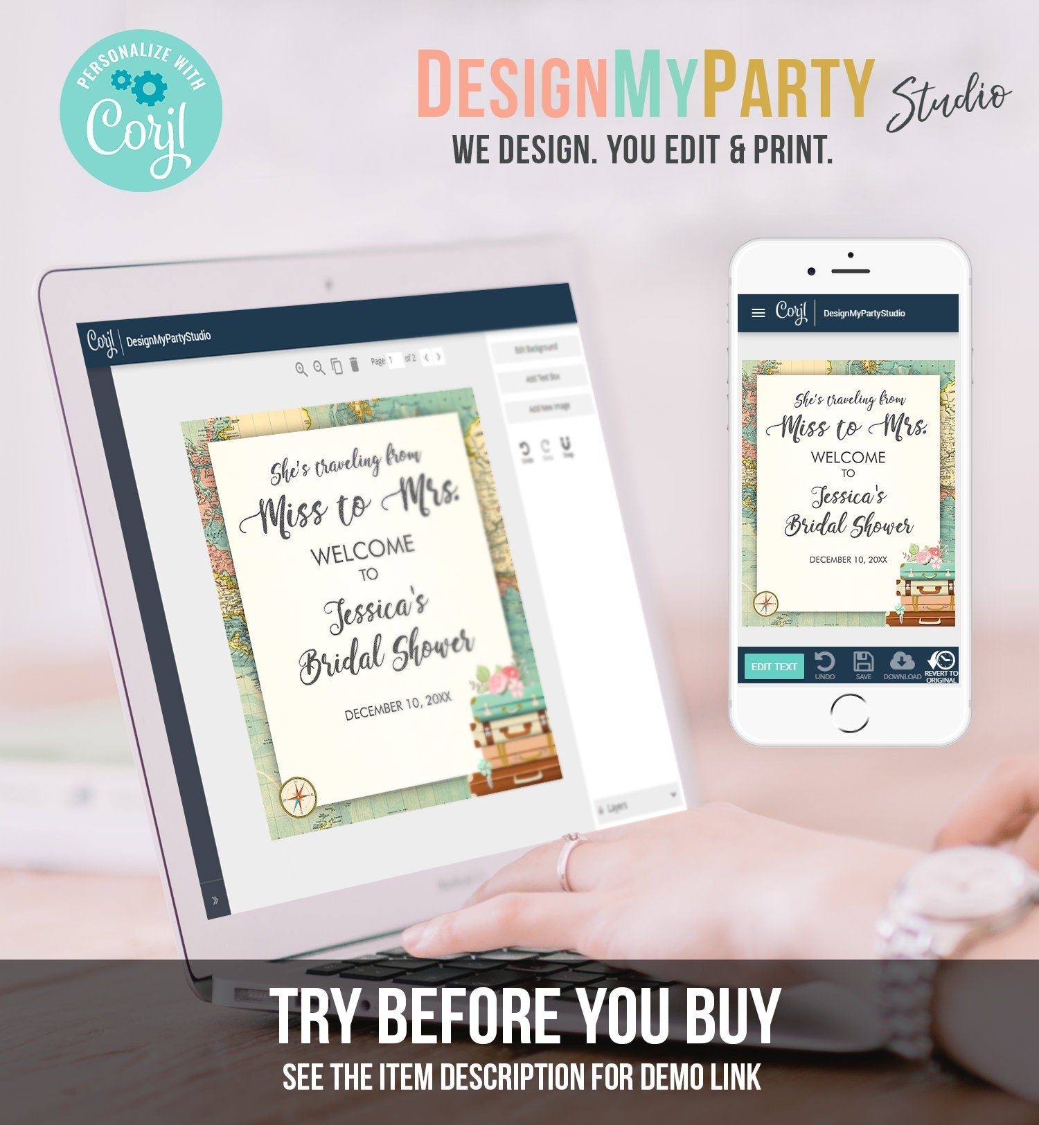 Editable Welcome Sign Bridal Shower Traveling From Miss to Mrs Adventure World Map Love is a Journey Rustic Template PRINTABLE Corjl 0044