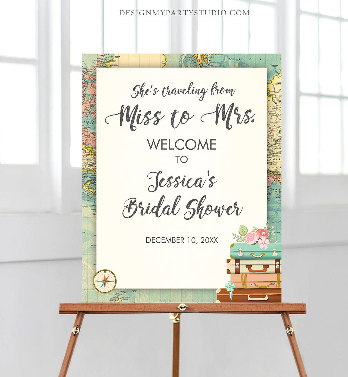 Editable Welcome Sign Bridal Shower Traveling From Miss to Mrs Adventure World Map Love is a Journey Rustic Template PRINTABLE Corjl 0044