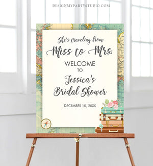 Editable Welcome Sign Bridal Shower Traveling From Miss to Mrs Adventure World Map Love is a Journey Rustic Template PRINTABLE Corjl 0044