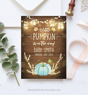 Editable Pumpkin Pregnancy Announcement Little Pumpkin On The Way Fall Wood Autumn Baby Boy Blue Arriving Corjl Template Printable 0015