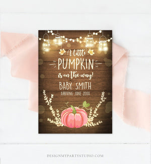 Editable Pumpkin Pregnancy Announcement Little Pumpkin On The Way Fall Wood Autumn Baby Girl Pink Arriving Corjl Template Printable 0015