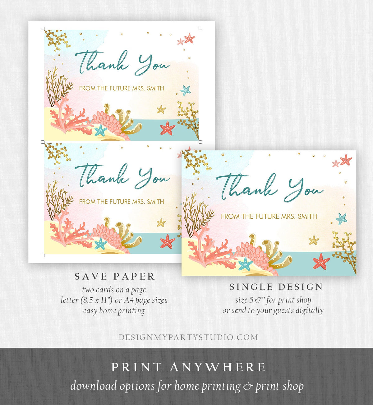 Editable Beach Themed Bridal Shower Thank You Card Nautical Thank You Note Summer Starfish Coral Gold Printable Template Download Corjl 0129