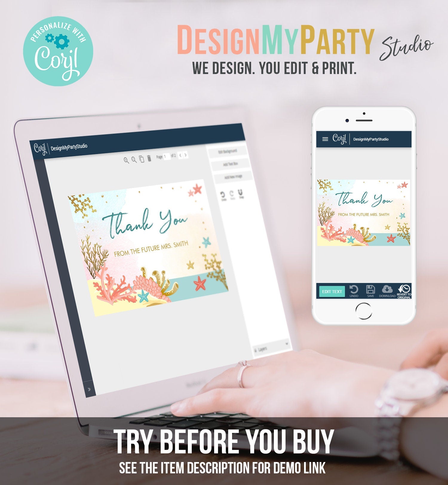 Editable Beach Themed Bridal Shower Thank You Card Nautical Thank You Note Summer Starfish Coral Gold Printable Template Download Corjl 0129