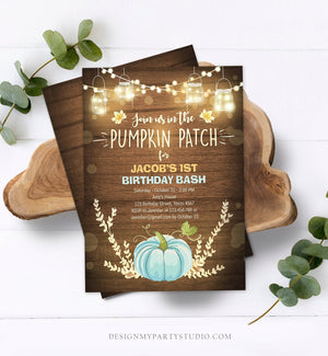 Editable Little Pumpkin Birthday Invitation Blue Pumpkin Patch Autumn Fall Rustic Boy 1st First Birthday Corjl Invitation Printable 0015