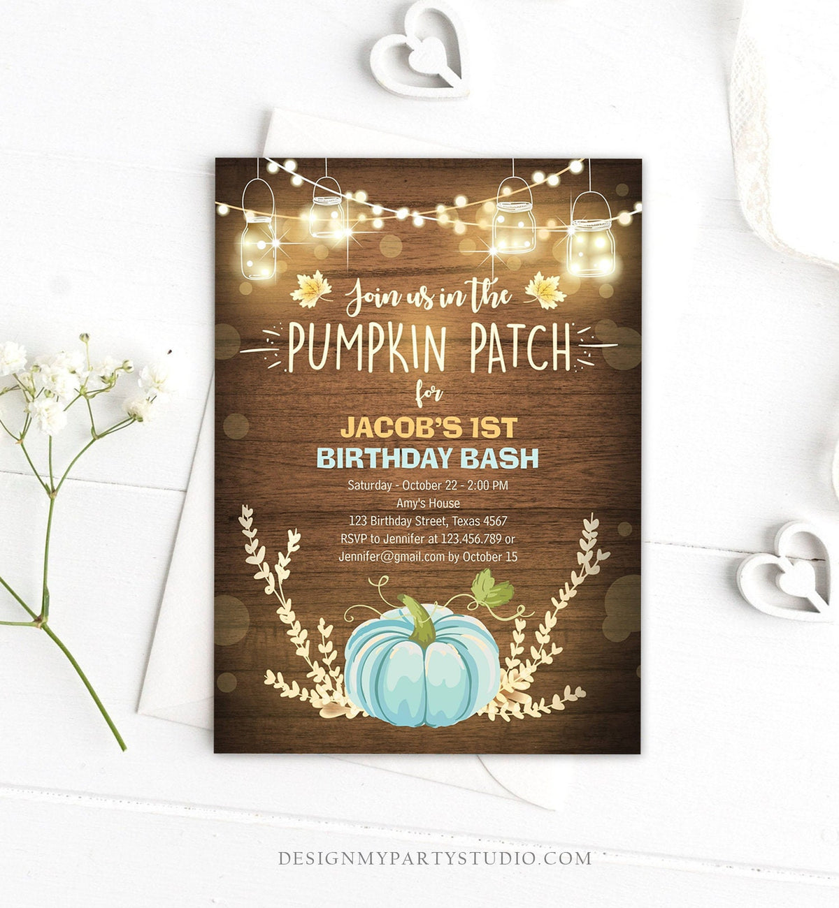 Editable Little Pumpkin Birthday Invitation Blue Pumpkin Patch Autumn Fall Rustic Boy 1st First Birthday Corjl Invitation Printable 0015