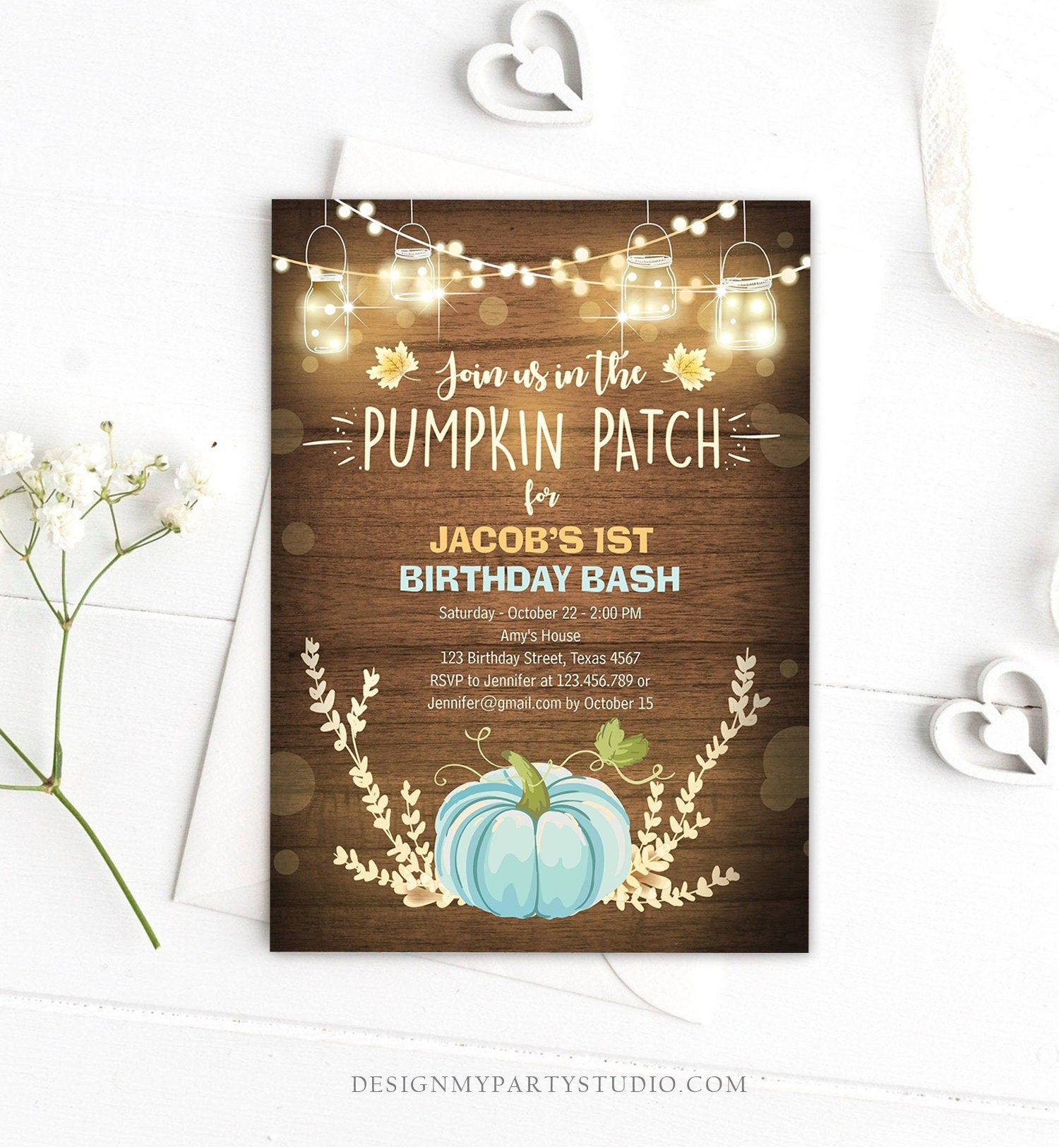 Editable Little Pumpkin Birthday Invitation Blue Pumpkin Patch Autumn Fall Rustic Boy 1st First Birthday Corjl Invitation Printable 0015
