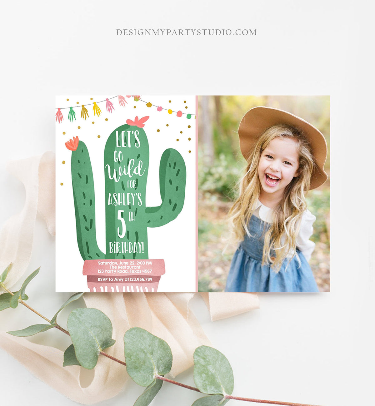 Editable Cactus Fiesta Birthday Invitation Pink Girl First Birthday Succulent 1st Mexican Fiesta and Fun Corjl Template Printable 0255